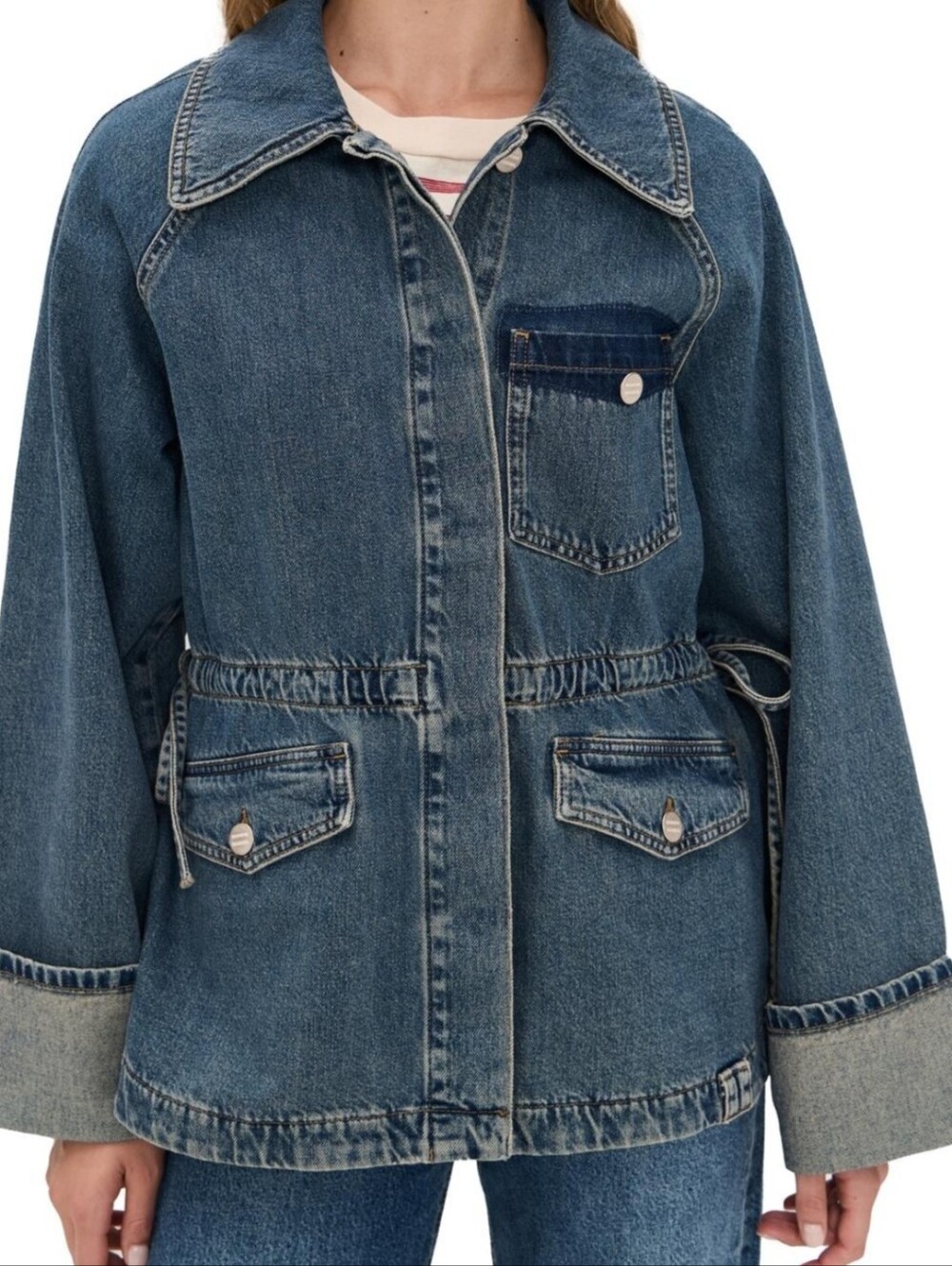 Relaxed Drawstring Denim Jacket - Blue